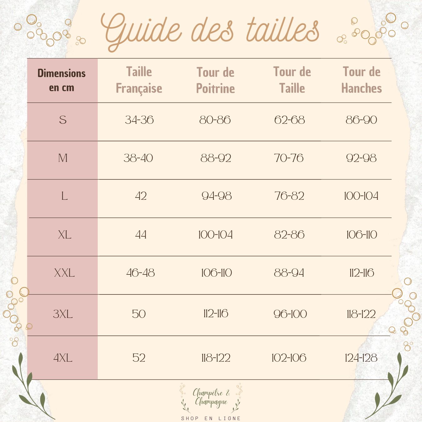 guide des tailles robes champêtre, pantalon, jupes, combiaison, luxe et bohèmes